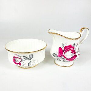 Paragon England Fine Bone China Burgundy Grey Roses Open Sugar and Creamer Set